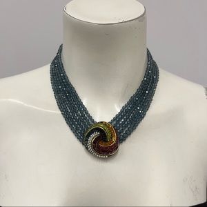 Heidi Daus Choker Necklace 6 Strands Blue Crystals Multi Color Love Knot Pendant